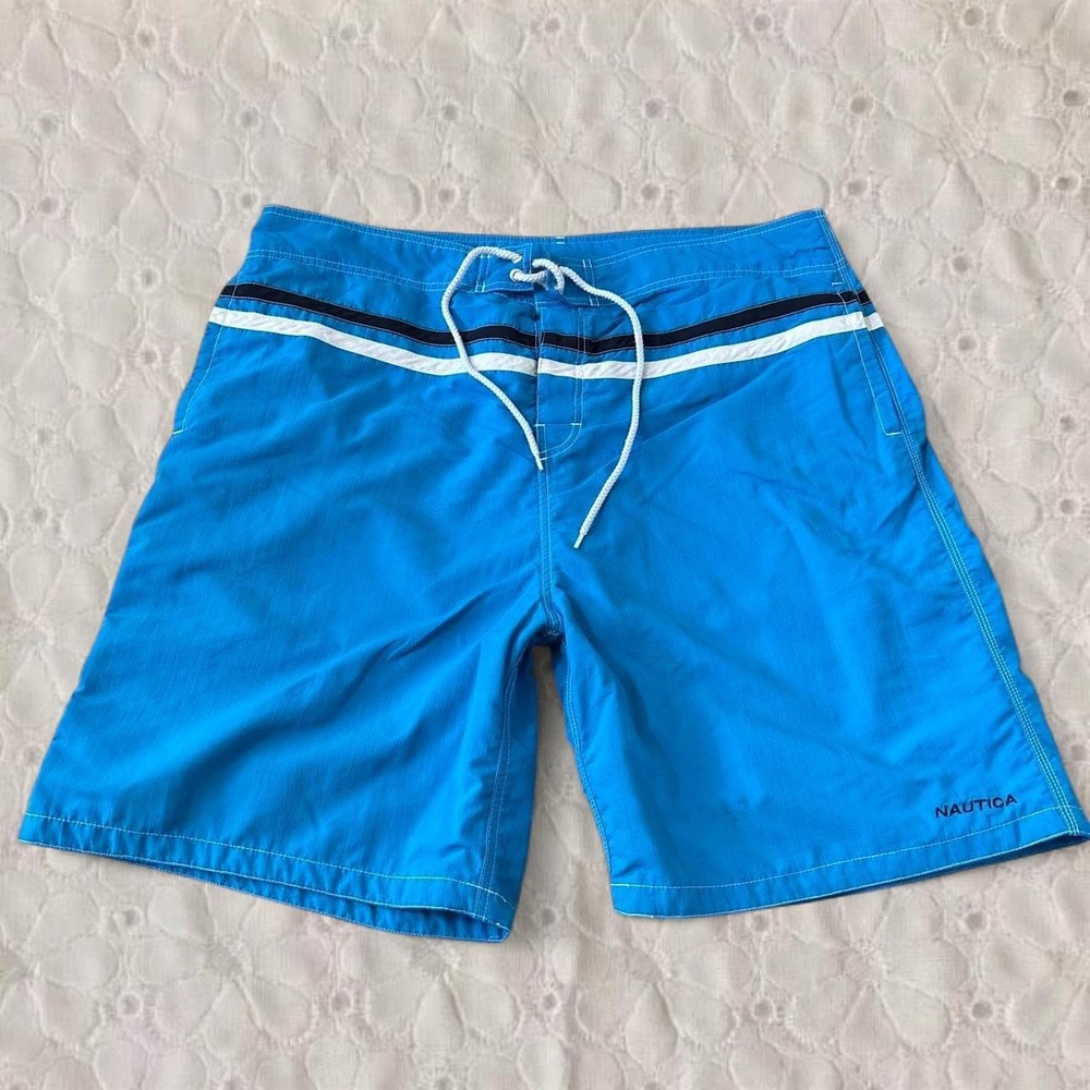 Nautica Mens Blue Striped Boardshorts Swim Trunks Size 40 Y2K Streetwear